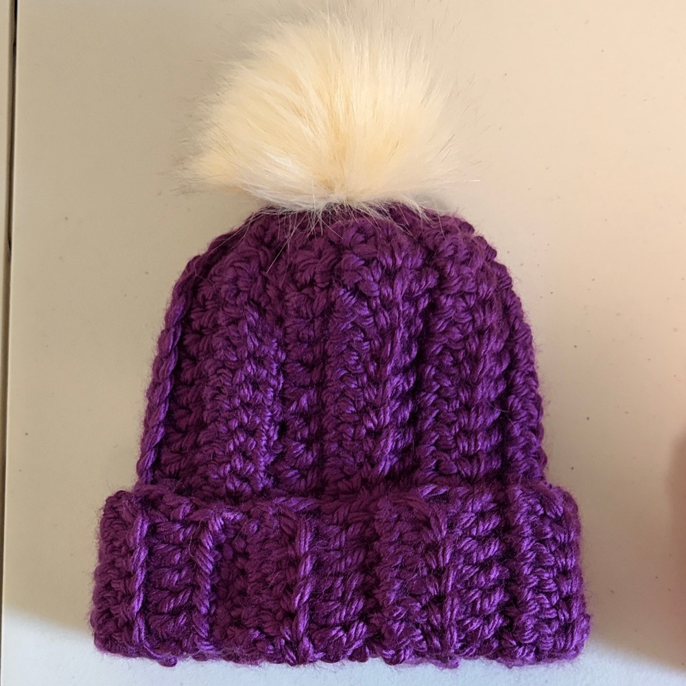 Purple Knit Beanie with Pom Pom homemade